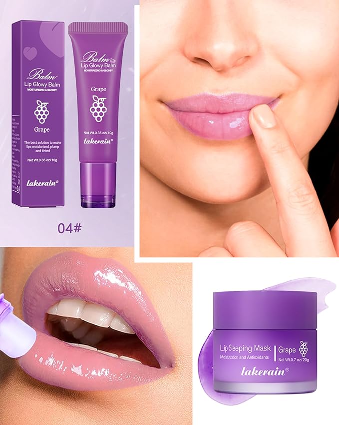 Lip Glowy Balm & Lip Sleeping Mask,Hydrating Repair Sleeping Lip Mask,Glossy Tinted Lip Balm,Smooth Cracked Chapped Dry Lip,Lip Care Therapy Treatment,Women's Day Makeup Gift for Women-04Grape