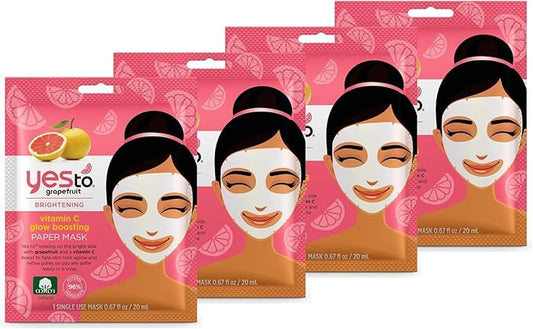 Yes To Grapefruit Vitamin C Glow Boosting Paper Mask Bundle (4 Single Use Masks)