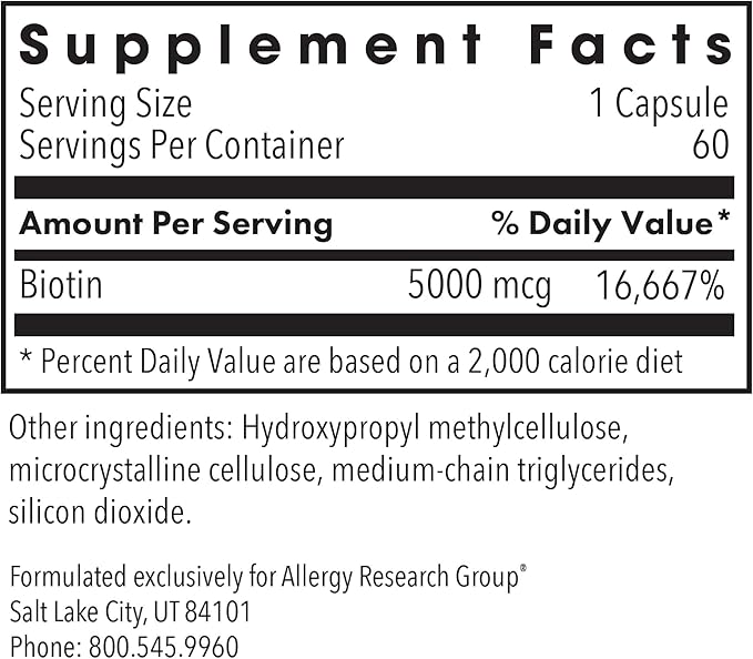 Allergy Research Group Biotin 5000 Supplement - 5000mcg Biotin, Vitamins for Hair, Skin and Nails, High Dose, Vegetarian Capsules, Hypoallergenic, Gluten Free - 60 Count