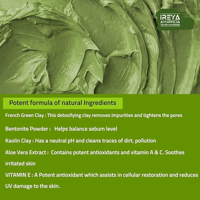 Green Tea Clay Mask with French Green Clay Moisturizing & Hydrating Clay Facial Mask, Deep Cleansing Facial Mask with kaolin clay, Vitamin E, Bentonite Clay, & Aloe Vera Extract