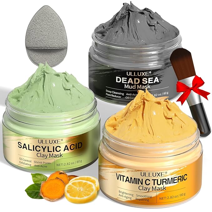 Facial Clay Mask Set - Vitamin C Face Mask with Turmeric, Dead Sea Mud & Salicylic Acid Mask for Pores Cleansing, Blackheads, Dark Spots, Brightening, Face Masks Skincare Gift for Women, 2.82 oz each