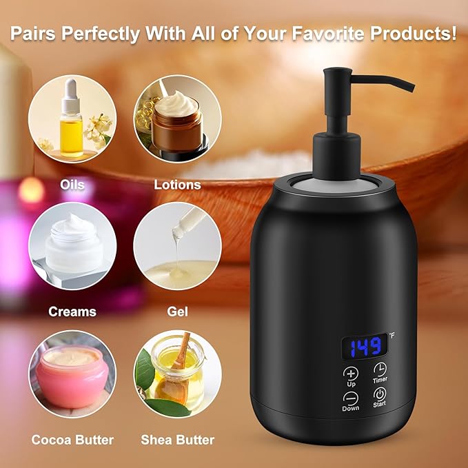 Massage Oil Heater Warmer,with ℃/℉ Switchable Display, Two Oil Dispenser Bottle，Constant Temperature,Body Oils Heater for Spa, Salon and Barber Shops,Black
