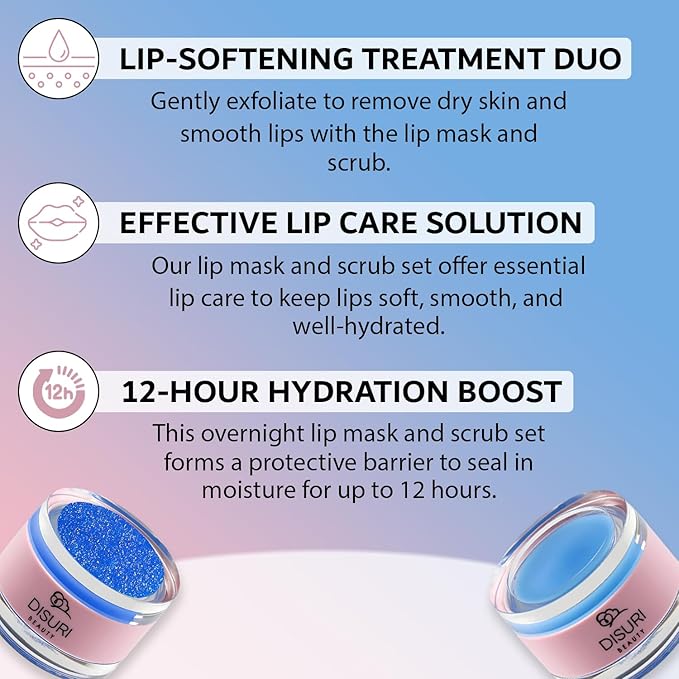 Lip Mask and Lip Scrub Set - Moisturizing Lip Scrub for Exfoliating and Smoothing Lips, Cruelty-free - Improves Texture, Hydrates, and Softens Chapped, Dark Lips Skin - (Blueberry)