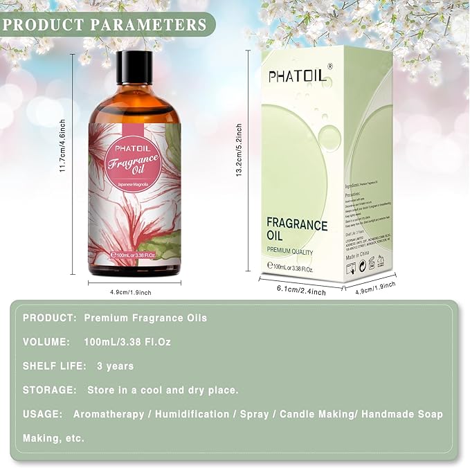 3.38FL.OZ Japanese Magnolia Fragrance Oils for Aromatherapy, Essential Oils for Diffusers for Home, Perfect for Diffuser, DIY Candle and Soap Making, DIY Scented Products - 100ml