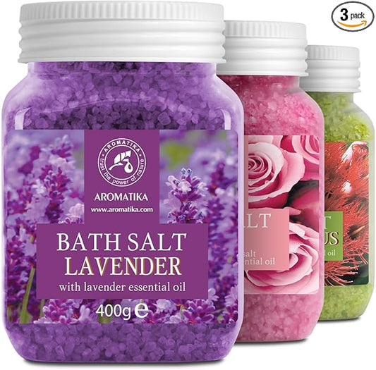 Bath Salts Set 42 Oz - Lavender - Rose - Eucalyptus - 100% Bath Salts - Lavanda Rosa Eucalitpus Salt - Best for Good Sleep - Stress Relief - Bathing - Body Care - Beauty - Relaxation - Spa
