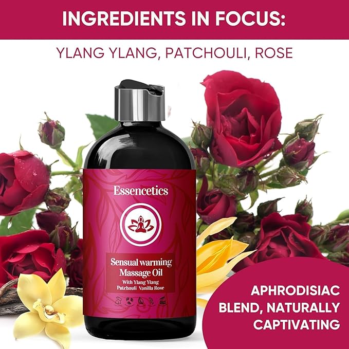 Massage Oil 8 oz - Organic Body Massage Oil with Ylang Ylang, Patchouli & Vanilla Rose - Relaxing Massage Therapy