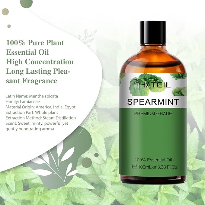Spearmint 3.38fl.oz Essential Oil, PHATOIL Pure Aromatherapy Oils for Diffuser, Humidifier, Perfect for DIY Soap, Candle, Bath Bombs Making(100ml)