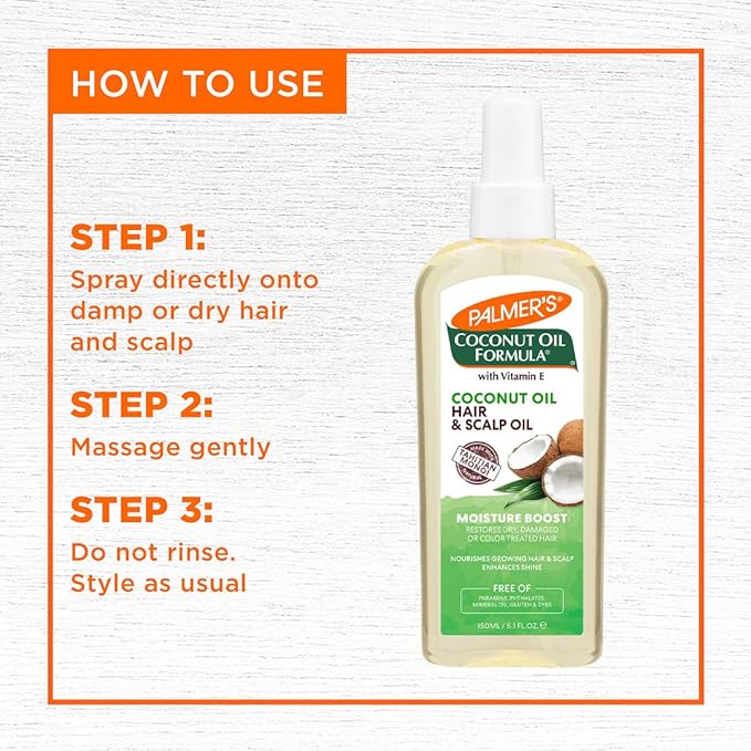 Palmer's Coconut Oil Moisture Boost, Restorative Hair and Scalp Oil Spray, Lasting Hydration and Shine for Dry or Damaged Hair, Promotes Scalp Health, 5.1 Oz (Pack of 2)