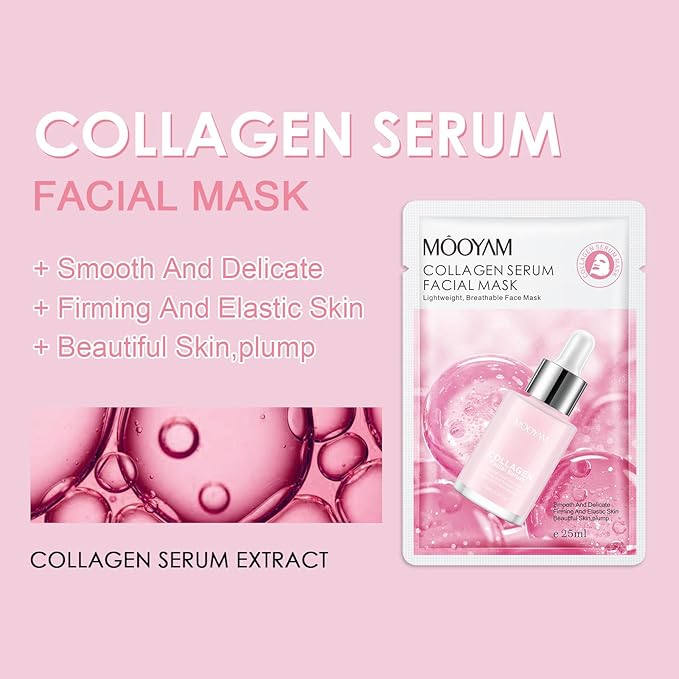 Face Masks Skincare, 6 Pack Collagen Serum Sheet Masks - Hydrating & Smoothing, Moisturizing & Nourishing for All Skin Types