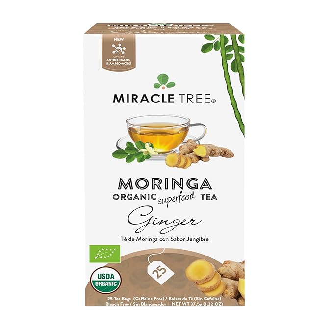 Miracle Tree - 12 Count of Organic Moringa Superfood Tea, 25 Individually Sealed Tea Bags, Ginger (Keto, Detox, Energy/Immunity Booster, Vegan, Gluten-Free, Organic, Non-GMO, Caffeine-Free)