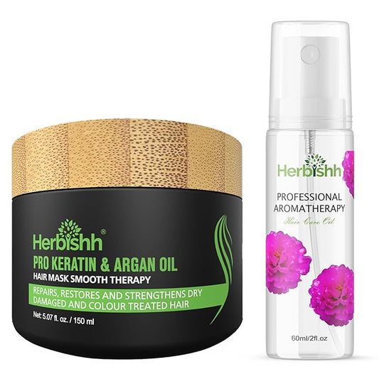 Herbishh H2 Combo (Condition + Hair Growth) Pro Keratin Hair Mask 150 gm and Essential Flower Hair Oil 60ml for Men & Women | Combo for Dry & Weak Hair