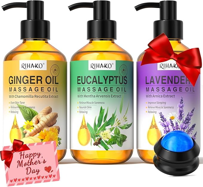 Mother's Day Gifts for Women – 3-Pack Massage Oil for Massage Therapy | Lymphatic Drainage Ginger, Relaxing Lavender, and Sore Muscle Eucalyptus Oils | Date Night & Spa Gift for Him & Her