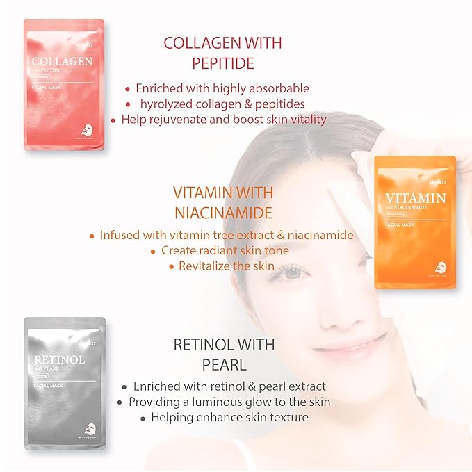 SKIN627 Bulk 24PK Face Masks Skincare, Facial Mask, Sheet Masks Korean (24PK Assortment)