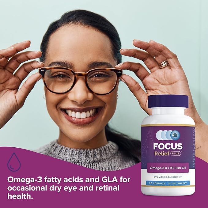Focus Relief Plus Dry Eye Formula (180 ct. 60 Day Supply) Omega 3 Supplement - Dry Eye Relief Supplement - Omega 3 Fish Oil