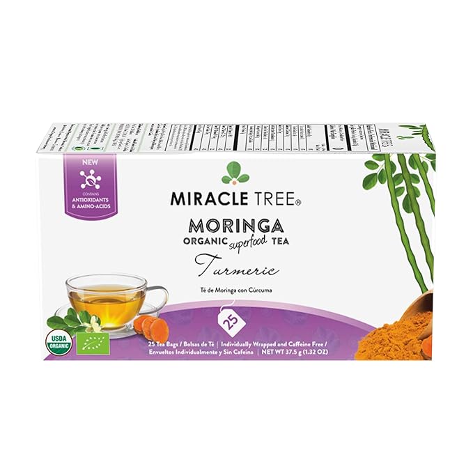 Miracle Tree - 6 Count of Organic Moringa Superfood Tea, 25 Individually Sealed Tea Bags, Turmeric (Keto, Detox, Energy/Immunity Booster, Vegan, Gluten-Free, Organic, Non-GMO, Caffeine-Free)