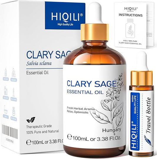 HIQILI Clary Sage Oil Essential, Herbal Sooth Aroma in Diffuse for Anxiety Relief, Meditation, Calming Sleep at Bedtime, Body Massage, Moisturize Skin, DIY Deodorant Spray - 100ML