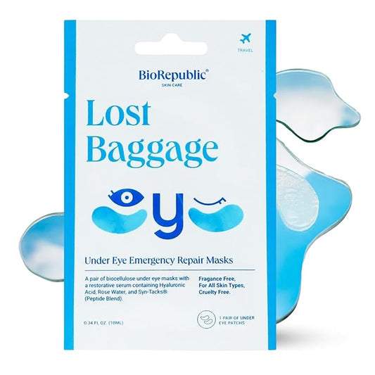 BioRepublic Lost Baggage Under Eye Emergency Repair Mask | Reduces Appearance of Lines, Bags, and Dark Circles Under Eyes | Organic Biocellulose Masks for Moisturization | Box of 3