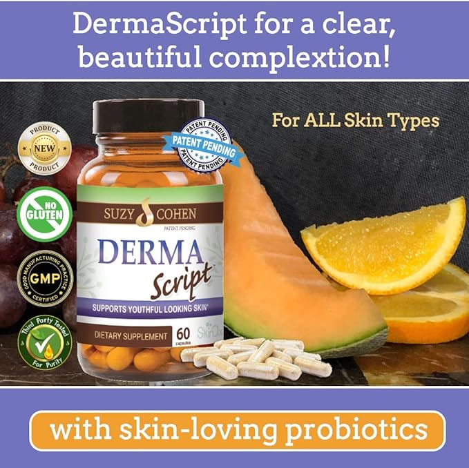 Script Essentials DermaScript Clear Skin Probiotic- Skin Care Routine Supplement - Biotin Face Supplemnt - Fights Acne, Dryness, Irritation and Rashes (60 Capsules)