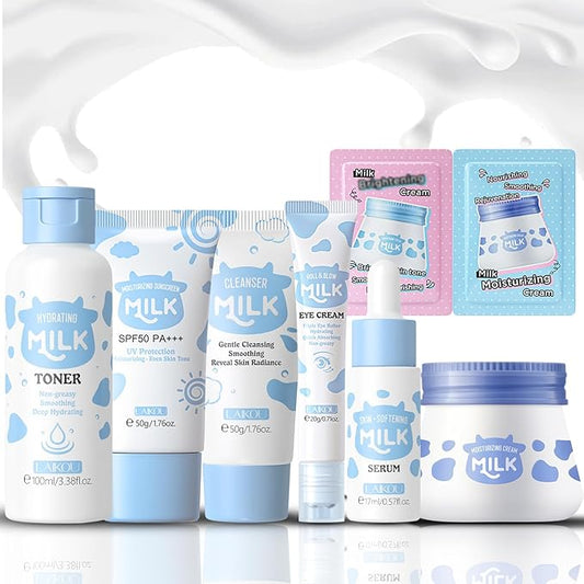 Milk Skincare Kit, Skin Care Kit Hydrating Skin, Facial Skin Care Routine Kit for Women/Girls, Face Skin Care Set Improves Rough Skin & Shrinks Pores Travel Size Facial Kit Gift Set for Women 8-Pack