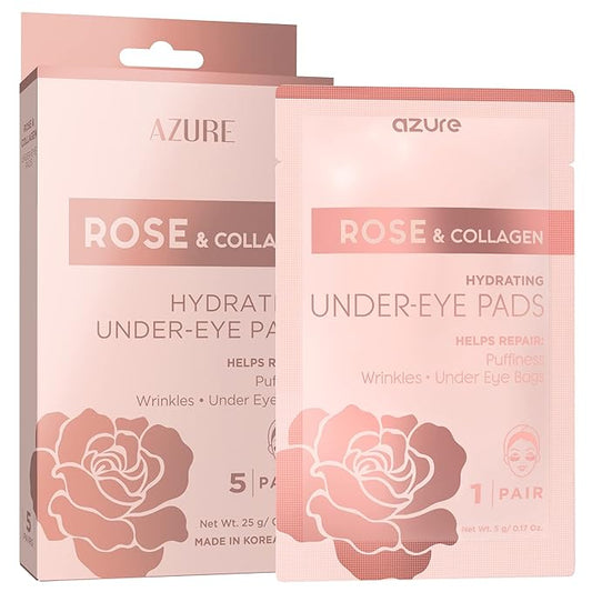 Azure Cosmetics Rose & Collagen Hydrating Under Eye Pads - Anti Aging, Revitalizing & Moisturizing Eye Mask Patches - Reduces Fine Lines, Wrinkles, Dark Circles & Puffiness - Made in Korea - 5 Pairs