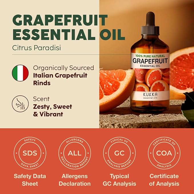 Kukka Grapefruit Essential Oil for Skin - 4 Fl Oz - 100% Natural Aromatherapy Grapefruit Oil for Diffuser & Hair - Soap Making Scent & DIY