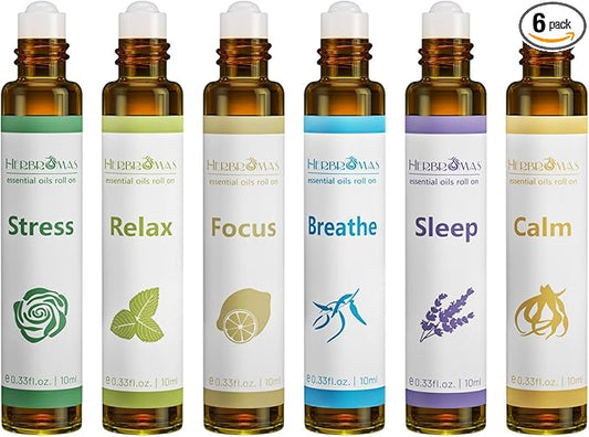 Aromatherapy Essential Oils Roll On Set, Natural Pre-diluted Blend Oils for Skin Use, Relaxation Gift for Women & Men, Pack 6 x10ml