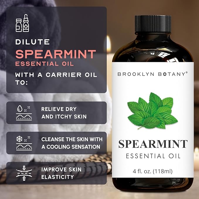 Brooklyn Botany Spearmint Essential Oil - Huge 4 Fl Oz - 100% Pure and Natural - Premium Grade with Dropper - for Aromatherapy and Diffuser