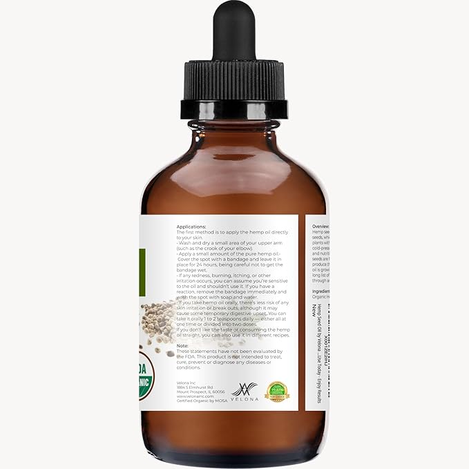 velona Hemp Seed Oil USDA Certified Organic - 4 Fl Oz | 100% Pure and Natural Carrier Oil | Unrefined, Cold Pressed | Hair, Body, Face & Skin Care