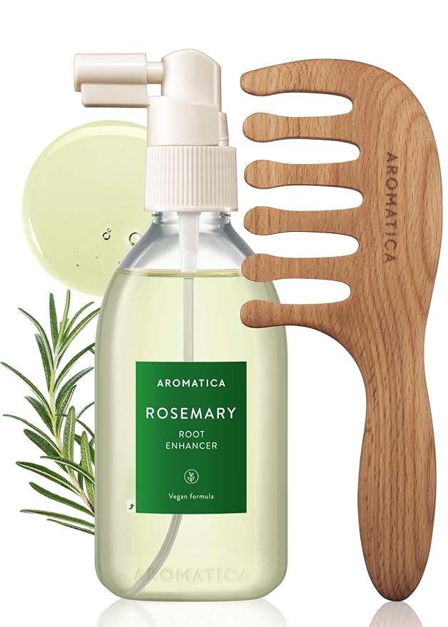 AROMATICA Rosemary Root Enhancer & Wooden Scalp Massager Set - Hair Scalp Massager with Rosemary Water Scalp Serum for Hair Growth, Hair care for women, Mothers day gifts