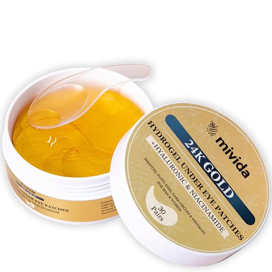 mivida Under Eye Patches 24K Gold with Hyaluronic-Acid•Niacinamide | Biodegradable 60 PCs for Under Eye Puffiness, Dark Circles & Wrinkles