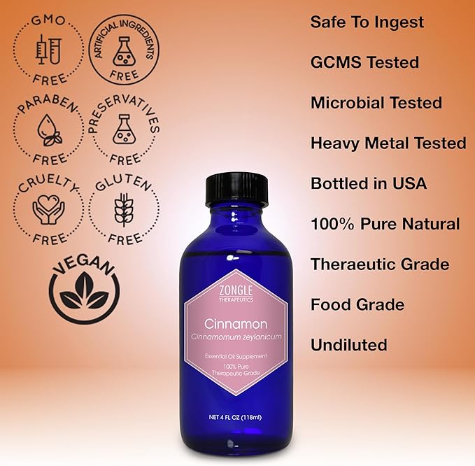 Cinnamon Essential Oil, Food Grade, for Candy, Cooking, Baking – 100% Pure, Edible, Cinnamon, Leaf, Oil, by Zongle Therapeutics, 4 OZ