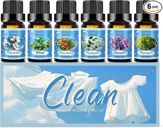 Clean Essential Oils Set for Diffuser & Candle Making | 6 Pack Premium Aromatherapy Oils Gift Set - Lavender, Eucalyptus, Mint, Sweet Orange, Lemongrass, Clean Cotton for Home, Relaxation & DIY