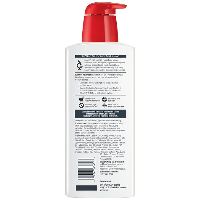 Eucerin Advanced Repair Body Lotion for Very Dry Skin, Unscented Lotion Formulated with Ceramides, 16.9 Fl Oz Bottle