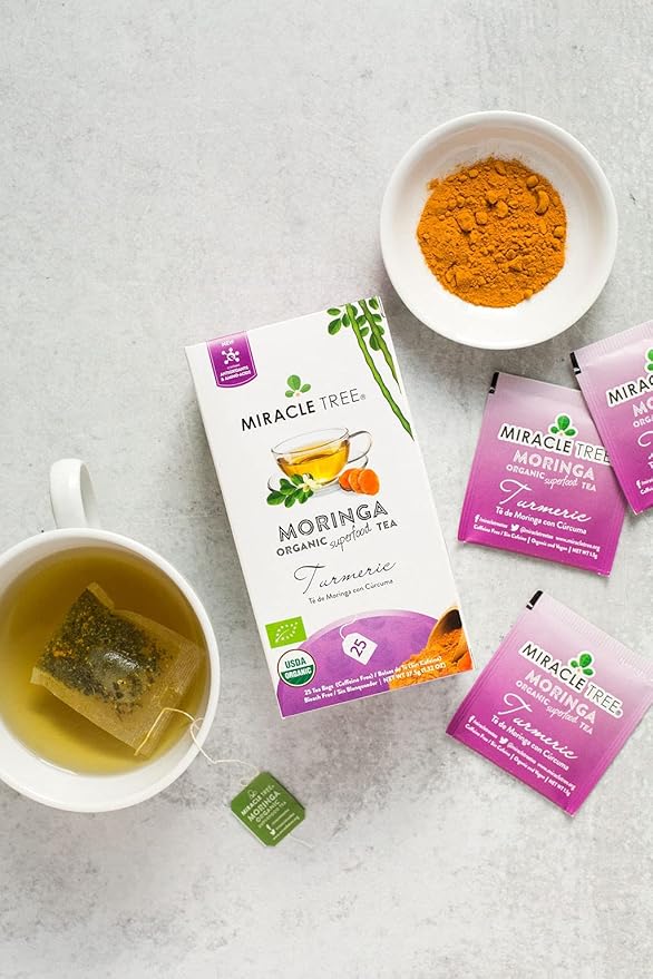 Miracle Tree - Organic Moringa Superfood Tea, 25 Individually Sealed Tea Bags, Turmeric (Keto, Detox, Energy & Immunity Booster, Vegan, Gluten-Free, Organic, Non-GMO, Caffeine-Free)