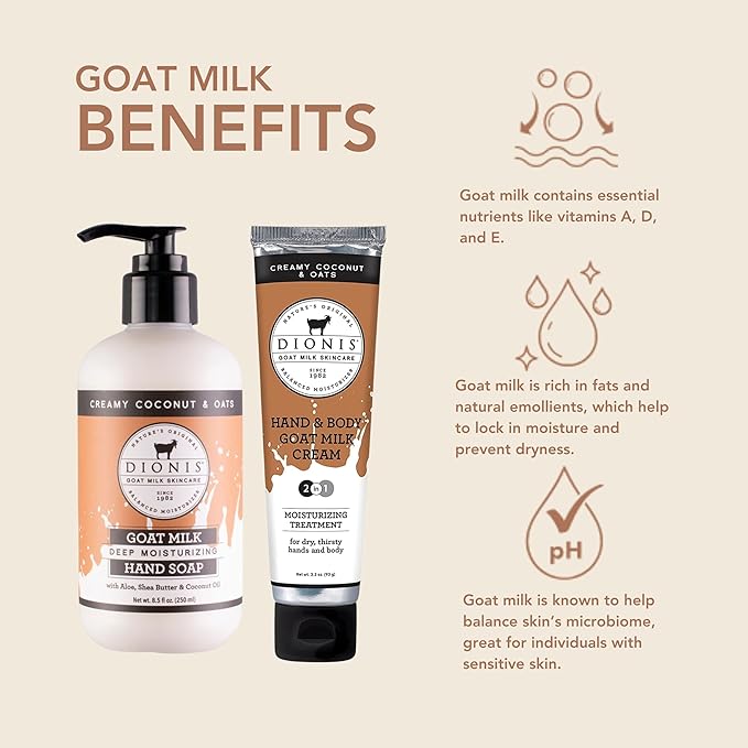 Dionis Goat Milk Skincare Creamy Coconut & Oat 8.5oz Hydrating Body Lotion and 3.3oz Hand & Body Moisturizing Travel Size Cream Bundle, Natural Ingredients, Made in the USA, Cruelty Free, Paraben Free