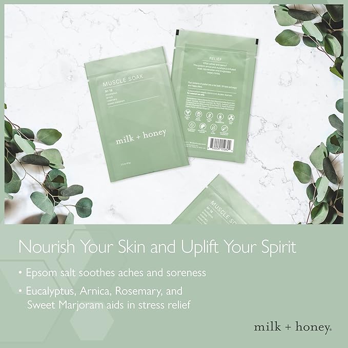 milk + honey Muscle and Bath Soak No. 18, with Eucalyptus, Arnica, Rosemary and Sweet Marjoram Moisturizing Soak, Sea Salt and Epsom Salt Bath, 6 Packets
