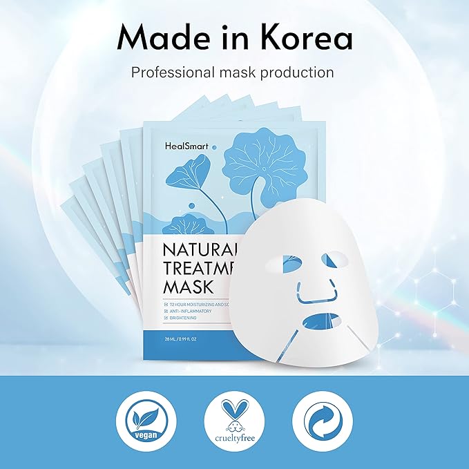 HealSmart 10 Pack Facial Mask 72 Hour Moisturizing and Soothing Face Mask Sheet Improve Skin Clarity and Radiance, for All Skin Types, High Capacity, Made in Korea