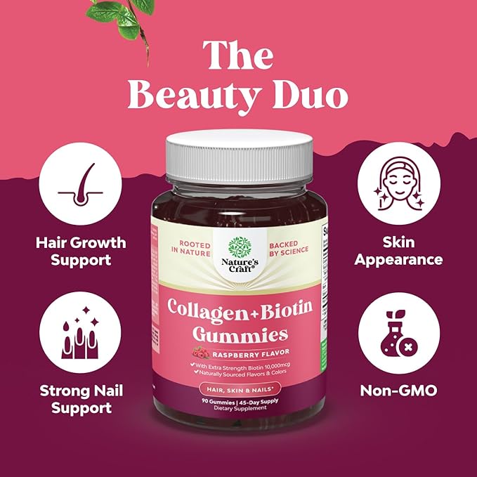 Natures Craft Bundle of Hair Skin and Nails Gummies for Women Extra Strength Biotin 90ct and Collagen Gummies and Chewable Vitamin C Gummies for Adults - Halal Vitamin C Immune Support Gummies