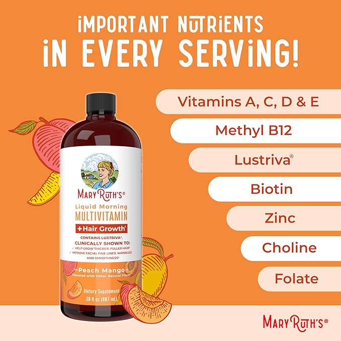 MaryRuth's Liquid Multivitamin + Hair Growth | Biotin 10000mcg | Lustriva Hair Growth Supplement | Clinically Tested in Women for Thicker Hair & Facial Wrinkle | Skin Care | Ages 18+ | 30 Fl Oz
