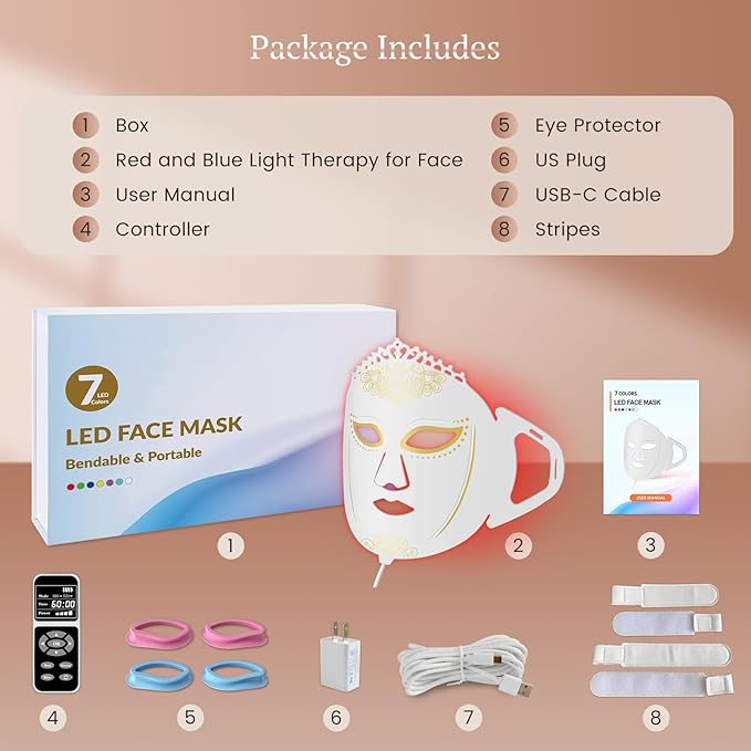 7 Colors Red Light Therapy for Face, Portable Beauty Facial Mask for Skin Tight Smooth, 360PCS LED Face Mask Light Therapy, LED Facial Light Therapy at Home, Red Light Therapy Mask for Women Gifts