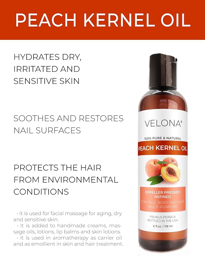 velona Peach Kernel Oil 4 Fl Oz | 100% Pure and Natural Carrier Oil | Refined, Cold pressed | Cooking, Skin, Hair, Body & Face Moisturizing | Use Today - Enjoy Results