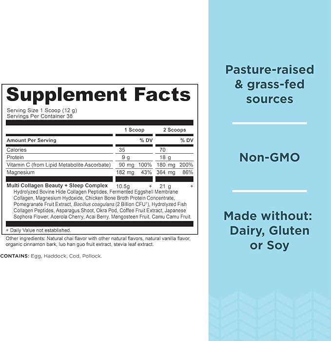 Ancient Nutrition Collagen Powder Protein, Multi Collagen Protein Beauty + Sleep with Vitamin C, Vanilla Chai, Hydrolyzed Collagen Peptides Supports Skin and Nails, Sleep, 16.1oz