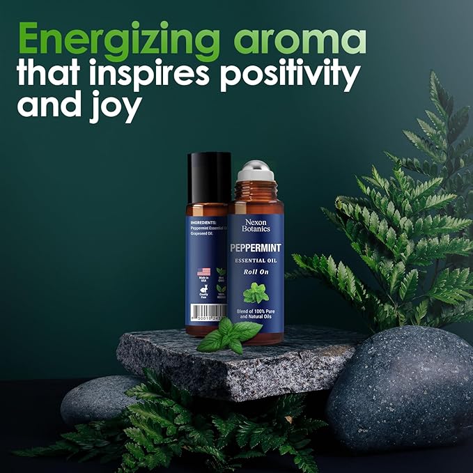 Peppermint Essential Oil Roll-On 10 ml - Pure, Natural & Prediluted Oil Blend Roller with Fresh Minty Aroma - Aromatherapy & Headache Relief - Nexon Botanics