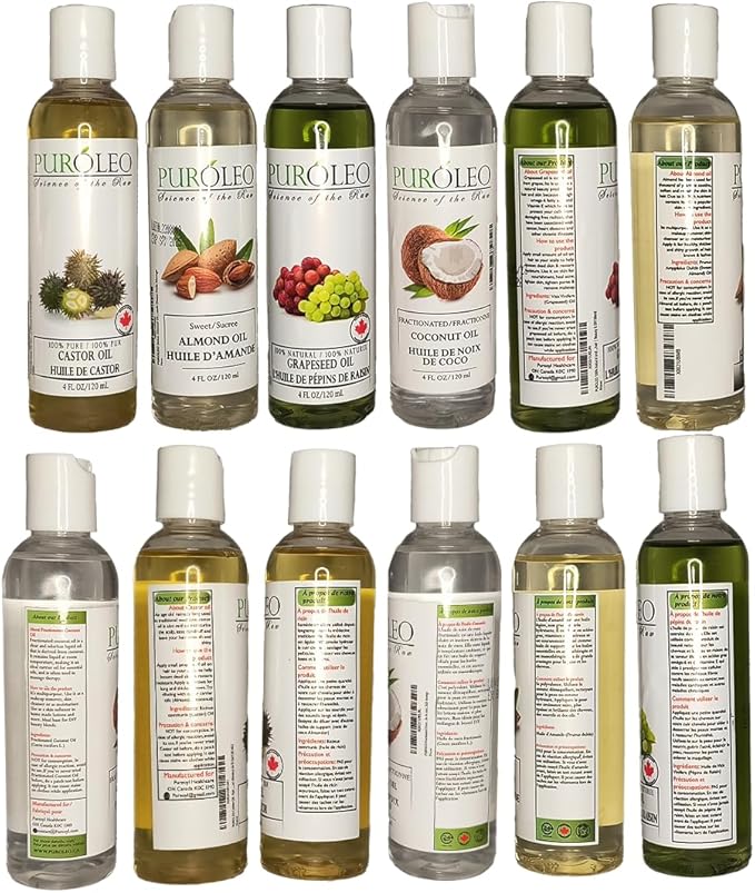 PURÓLEO Carrier Oil Gift Set- 4 Pack - Coconut Oil- Almond Oil - Castor Oil - Grapeseed Oil - 100% Natural Moisturizing Massage 4 Pc (4 Fl Oz)
