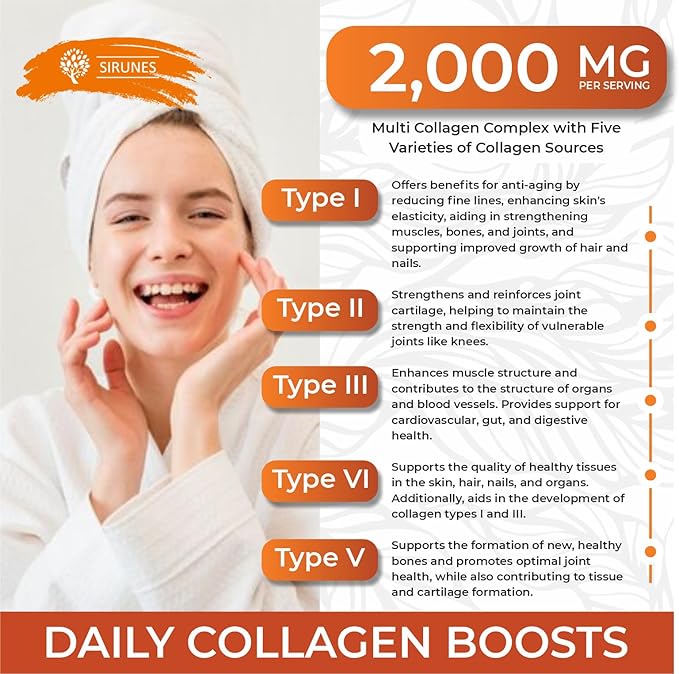 SIRUNES Multi Collagen Peptides Capsules - Non-GMO & Gluten Free Type I, II, III, V, X Hydrolyzed Collagen Supplements with Vitamin C - Supports Healthy Hair, Skin, Nails, & Joints - 100 Capsules
