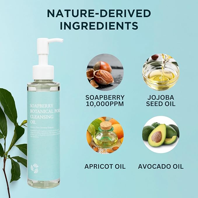 Soapberry Botanical Cleansing Oil, Korean Facial Cleanser Makeup Remover for Heavy Makeup with Jojoba, Apricot, Avocado Oil, Blackhead Removal (5.07 fl. oz, 150ml)