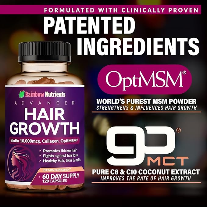 Hair Growth Vitamins for Women | Biotin 10,000mcg, Collagen, Patented OptiMSM®, goMCT®, Saw Palmetto | Naturally Regrow Stronger & Healthier Hair, Skin and Nails | Stops Hair Loss | 60 Day Supply