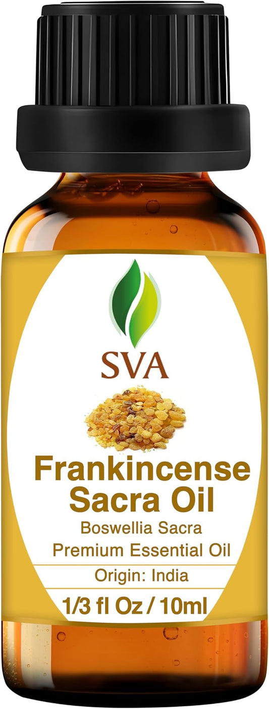SVA Frankincense Essential Oil – 1/3 Fl Oz – 100% Natural Frankincense Sacred Oil - for Diffuser, Hair Care, Face, Skin Care, Aromatherapy, Scalp and Body Massage, Soap and Candle Making