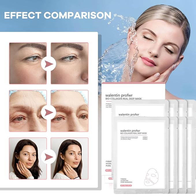 Collagen Mask Deep Hydrating Bio-Collagen Mask Overnight Collagen Sheet Masks Elasticity lmprovement Lifting Real Collagen Essence Hydrating Moisturizing Pore Minimizing Facial Mask Sheets 8 Packs