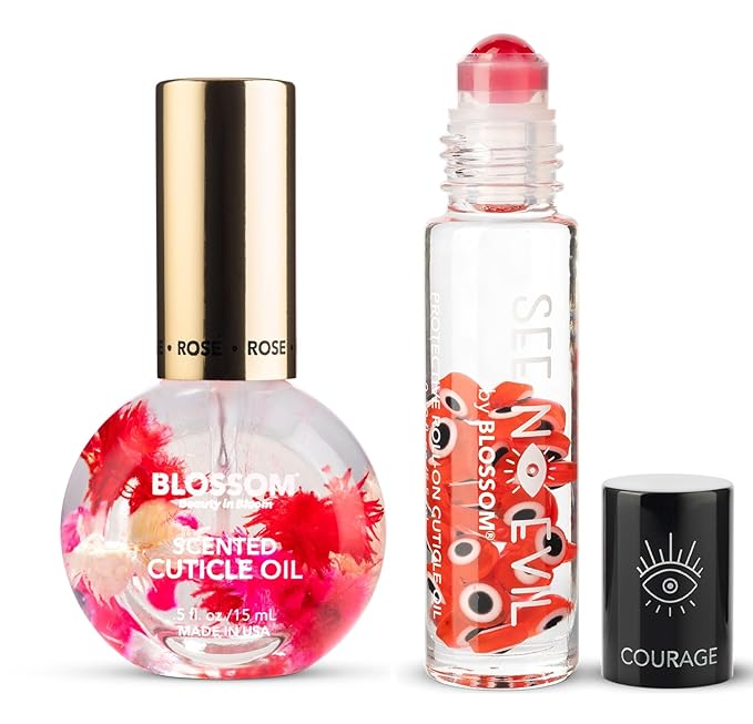 Blossom Hydrating, Moisturizing, Strengthening, Scented Cuticle Oil 0.5oz + See No Evil Rollerball Cuticle Oil 0.19oz, 2 Pack Bundle, Rose